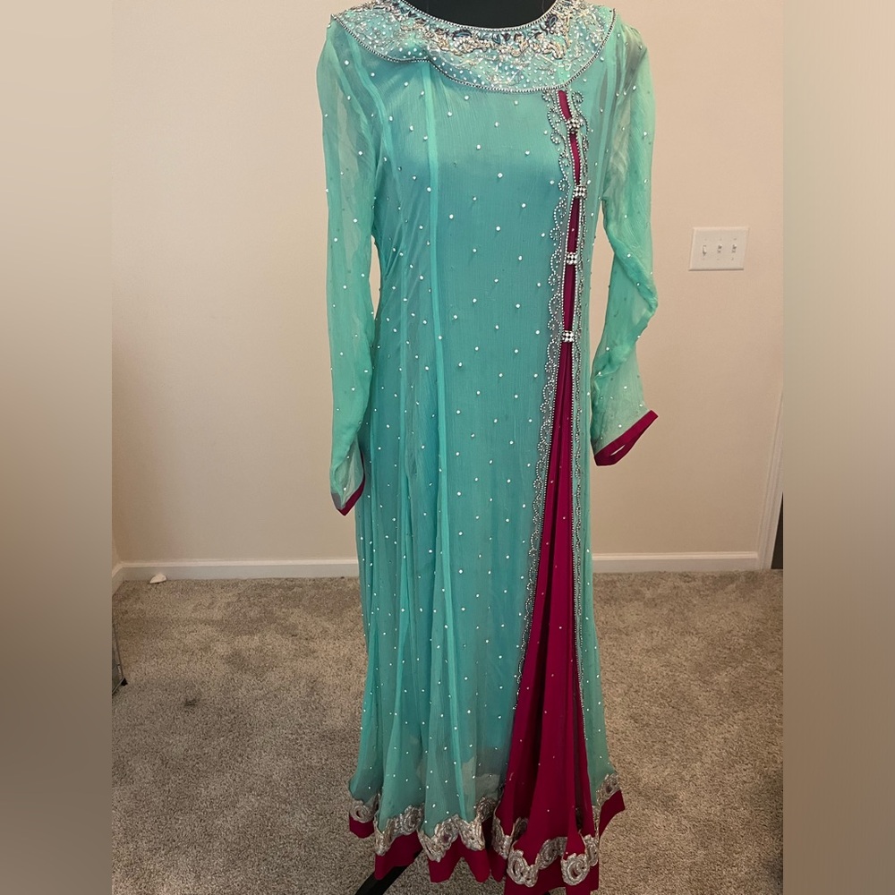 Chiffon turquoise Indian Pakistani shalwar kameez